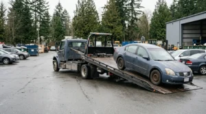 Cash for scrap cars Burnaby with an old vehicle being prepared for professional removal